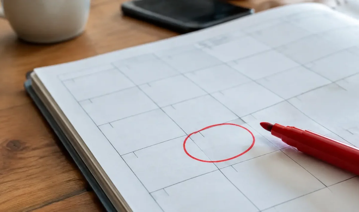 Main pointant une case entourée sur un planning papier