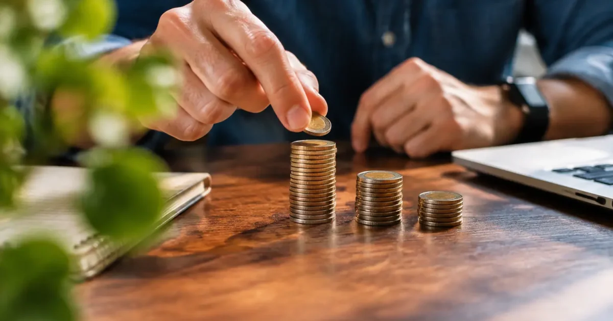 Main posant une pile de pièces sur un bureau