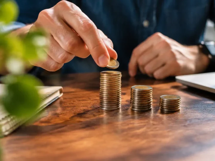 Main posant une pile de pièces sur un bureau