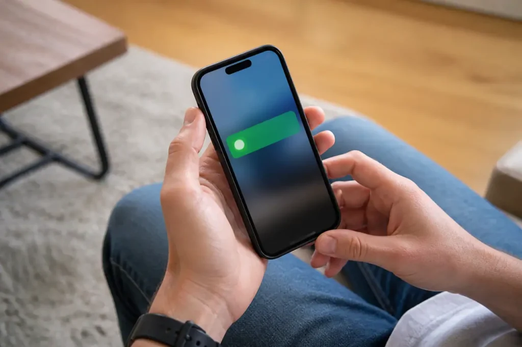 Main tenant un smartphone affichant une notification verte