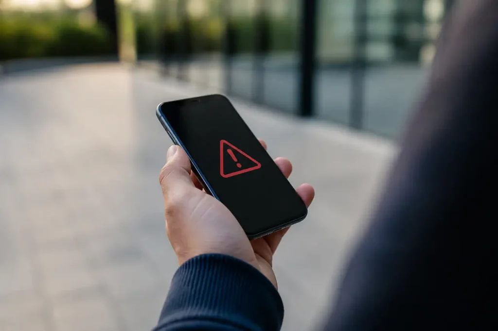 Main tenant un telephone portable affichant une notification suspecte