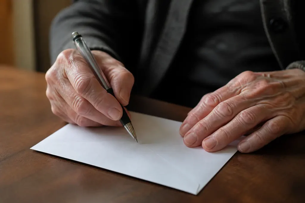 Mains agees tenant un stylo sur une enveloppe blanche