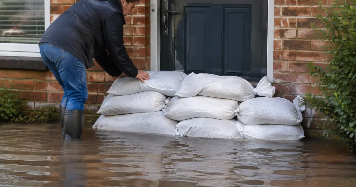 Maison inondee, sacs de sable empiles devant la porte