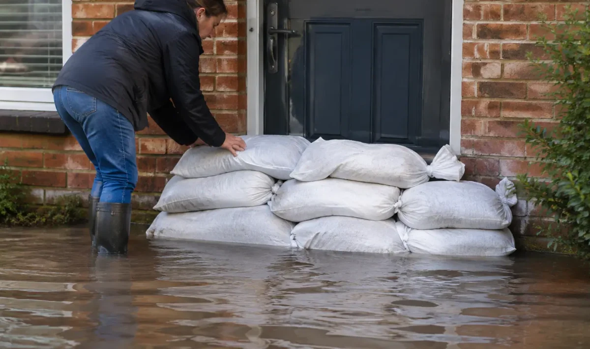 Maison inondee, sacs de sable empiles devant la porte