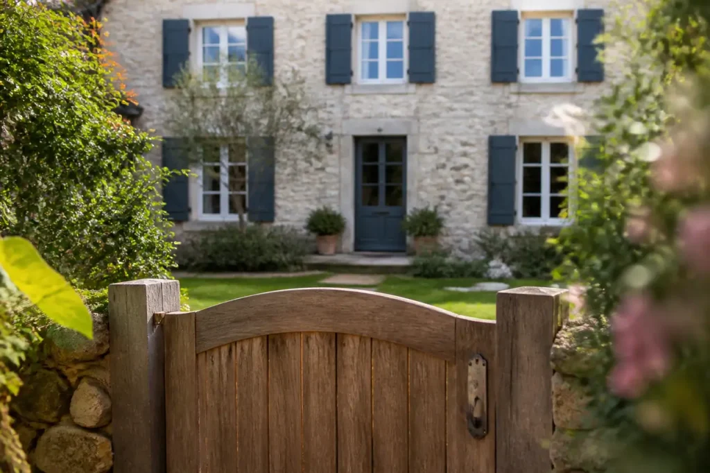 Maison de ville avec jardin et portail en bois