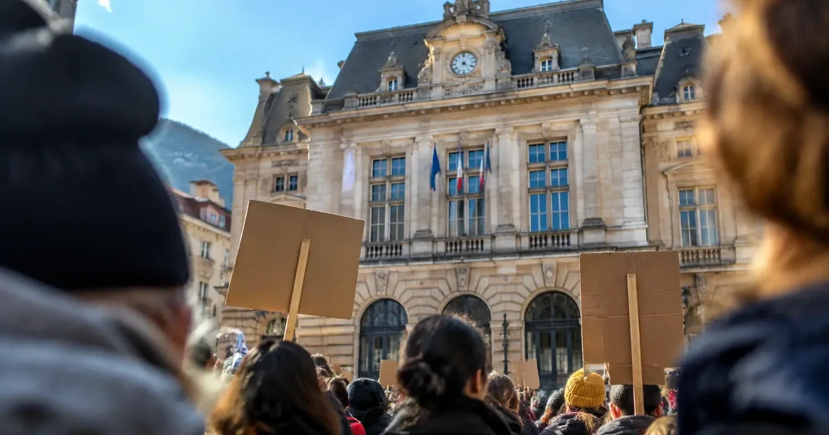 Manifestants tenant des pancartes devant la mairie de Grenoble