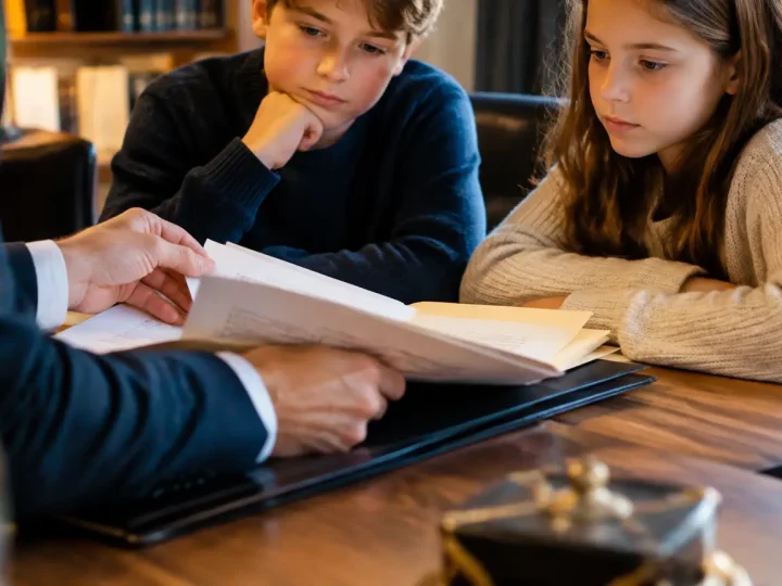 Notaire montre un dossier de succession devant deux enfants