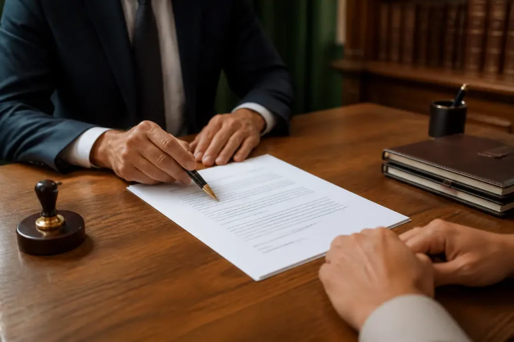 Notaire pointant un contrat sur un bureau en bois