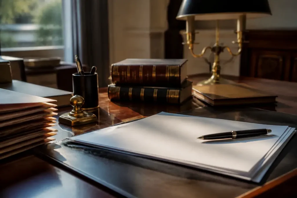 Notaire signant un dossier sur bureau en bois