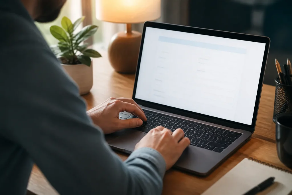 Ordinateur portable affichant un formulaire en ligne sur bureau