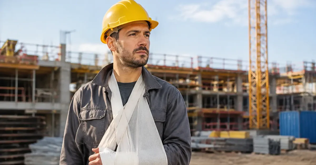 Ouvrier casque debout, bras bande en echarpe, sur chantier