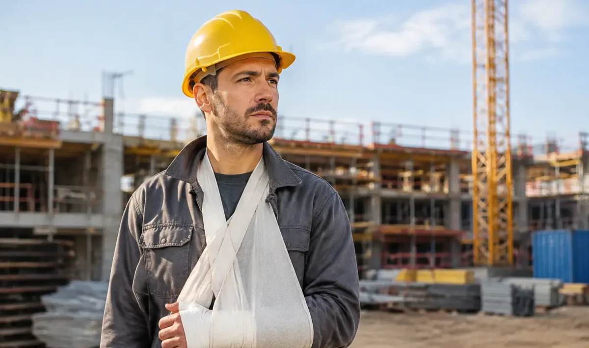Ouvrier casque debout, bras bande en echarpe, sur chantier