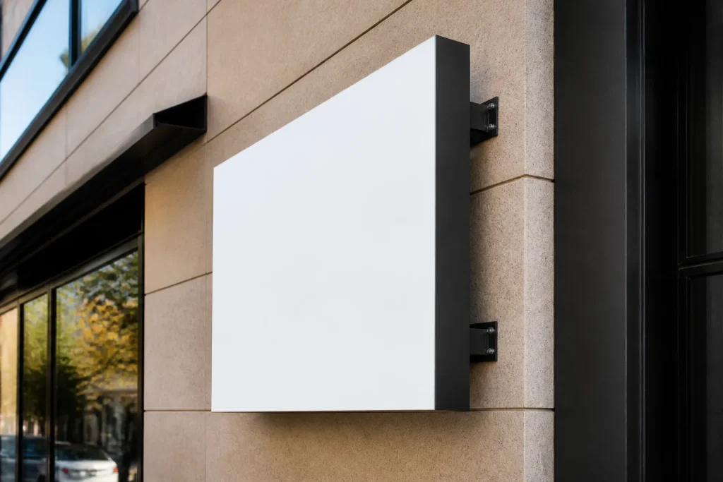 Panneau informatif fixe sur facade batiment
