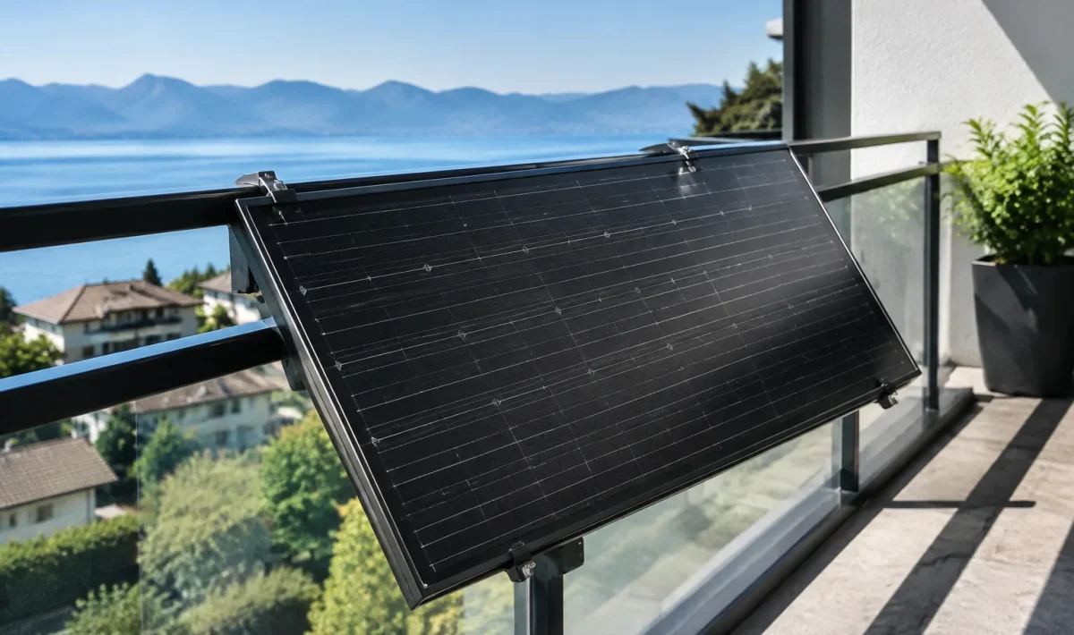 Panneau solaire noir fixe sur rambarde du balcon