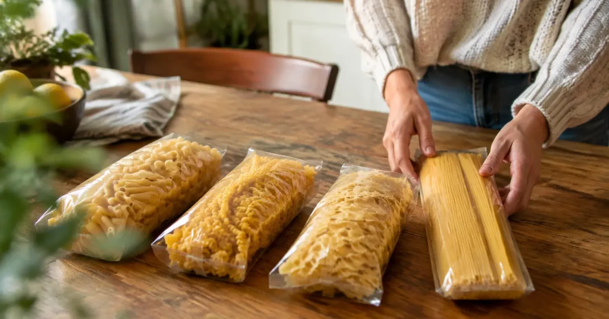 Paquets de pates alignes sur une table en bois