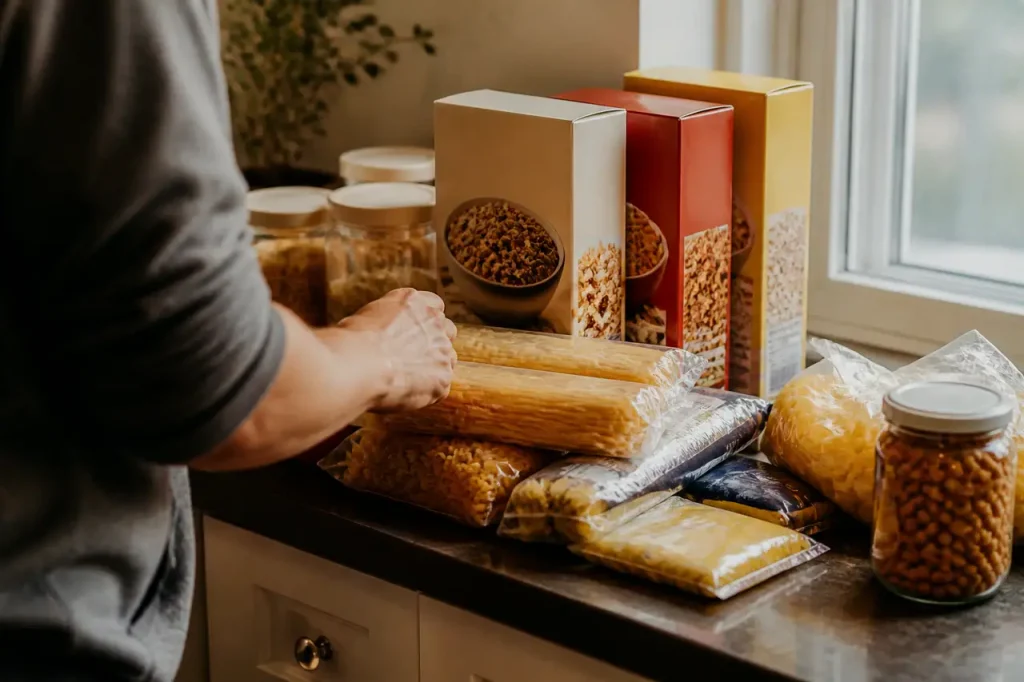 Paquets de pates et boites de cereales sur comptoir