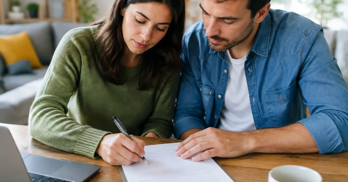 Deux parents assis cote a cote remplissant un formulaire