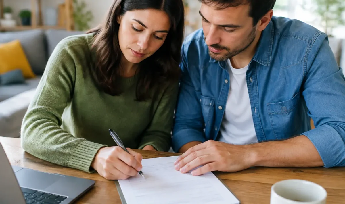 Deux parents assis cote a cote remplissant un formulaire