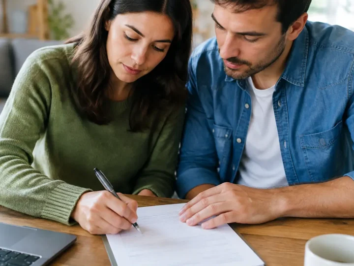 Deux parents assis cote a cote remplissant un formulaire