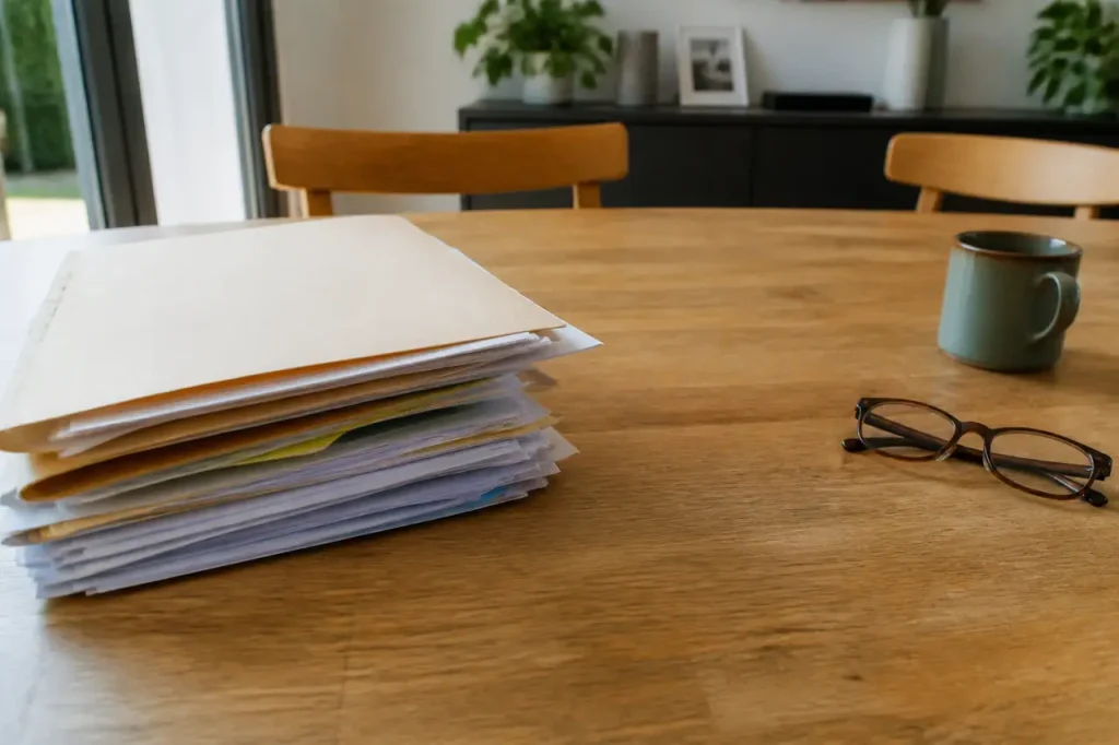 Parents et enfant devant une table avec dossier papier