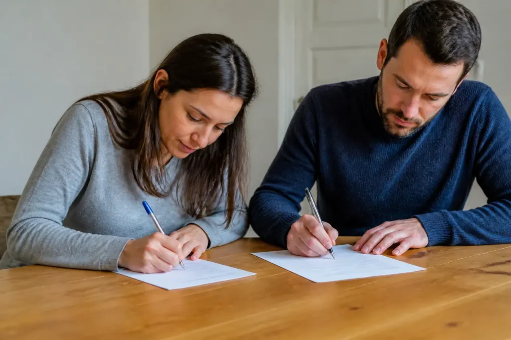 Deux parents remplissent un formulaire sur table en bois