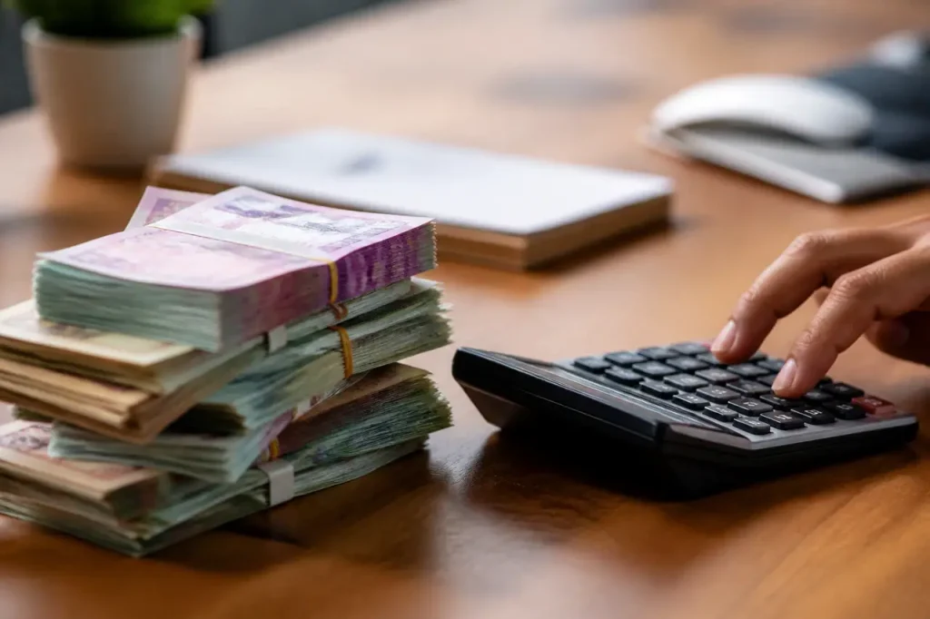 Pile de billets et calculatrice sur un bureau