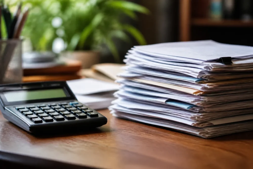 Pile de feuilles d'impot sur un bureau avec calculatrice