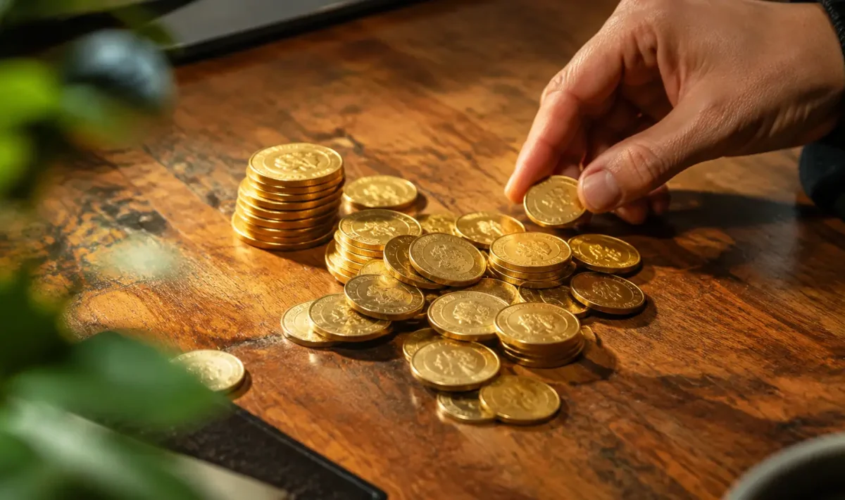 Pile de pieces dorees sur un bureau en bois