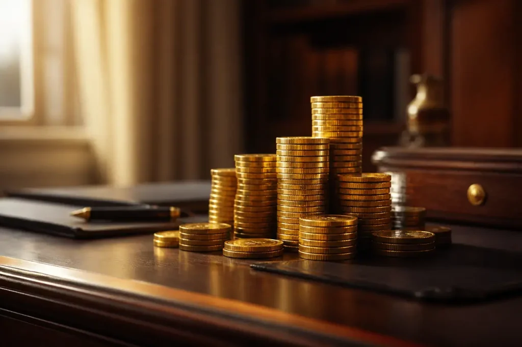 Piles de pieces dorees posees sur un bureau