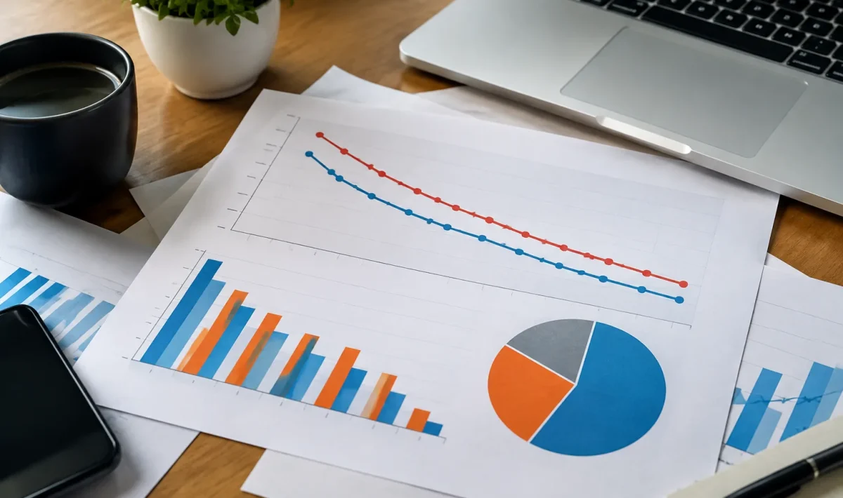 Rapports etales montrant graphiques courbes descendantes sur bureau