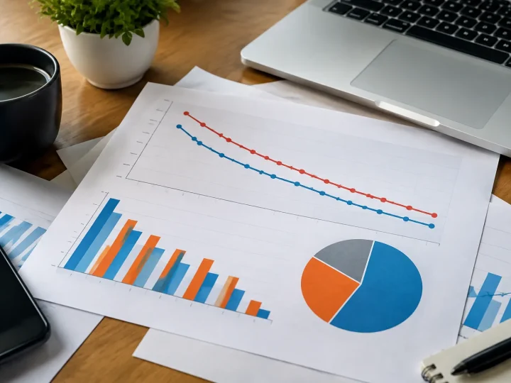 Rapports etales montrant graphiques courbes descendantes sur bureau