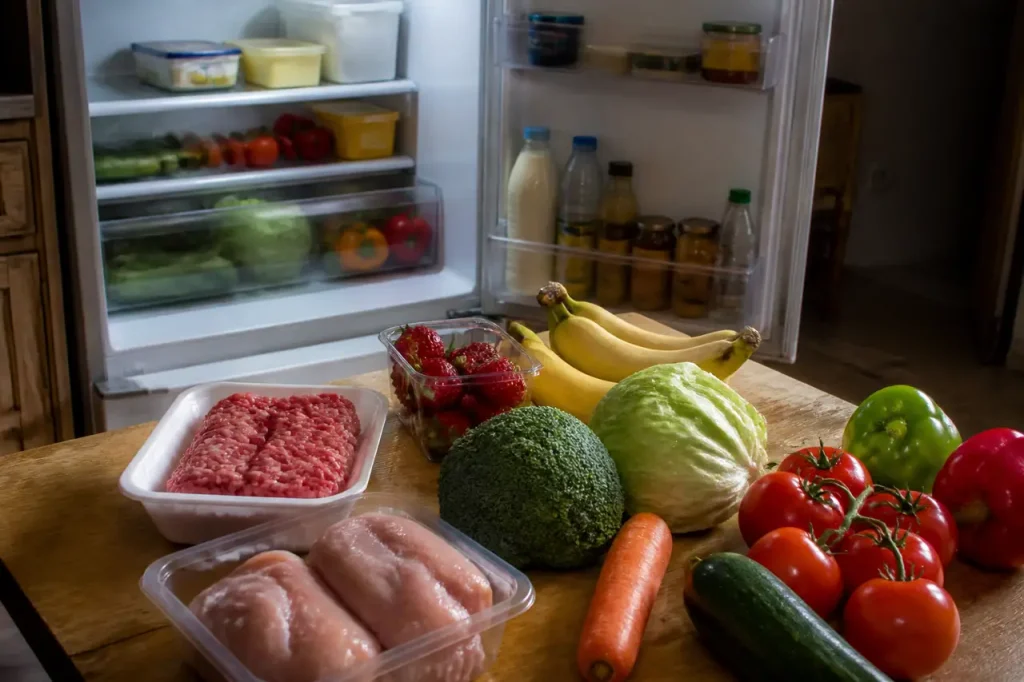 Refrigerateur ouvert avec aliments etales sur une table