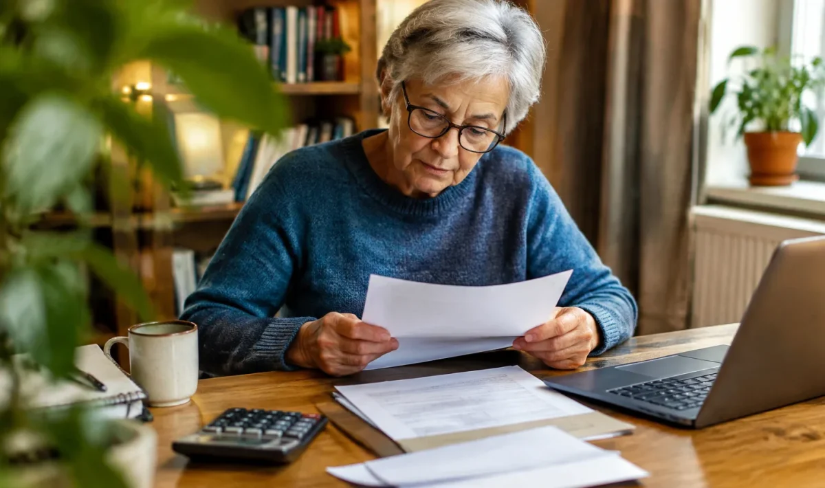 Senior assis examinant une lettre de mutuelle au bureau