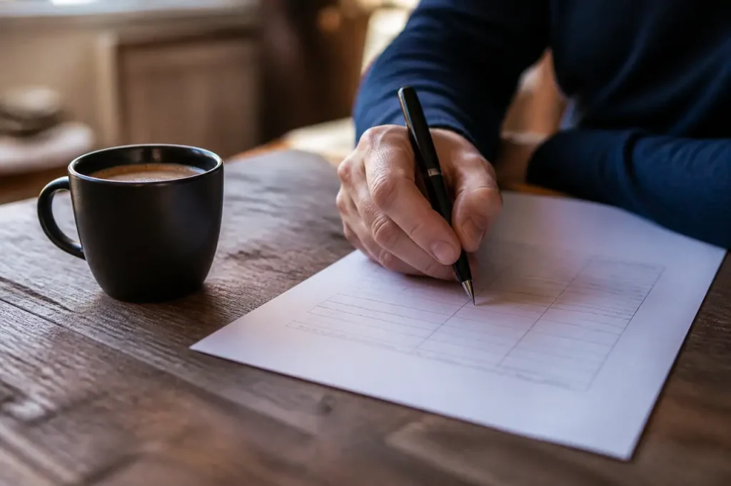 Stylo noir sur formulaire, tasse de cafe