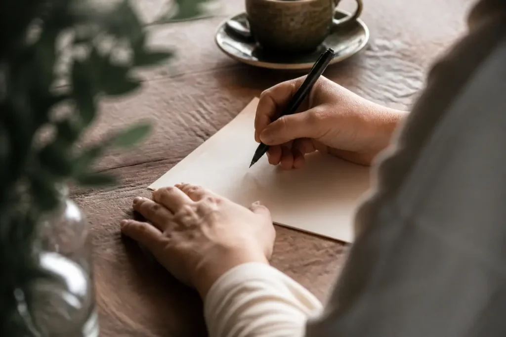 Main tenant un stylo noir sur une lettre