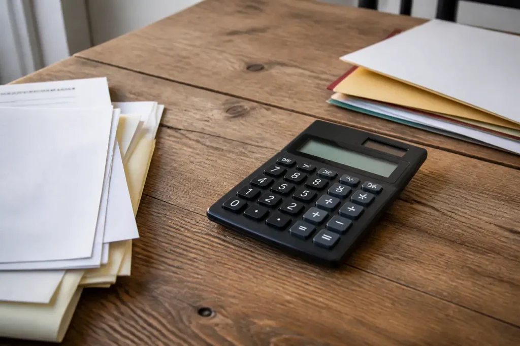 Table en bois avec calculatrice et papiers administratifs