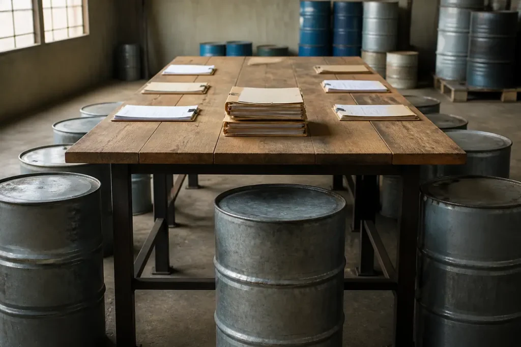 Grande table de reunion avec barils metalliques et dossiers