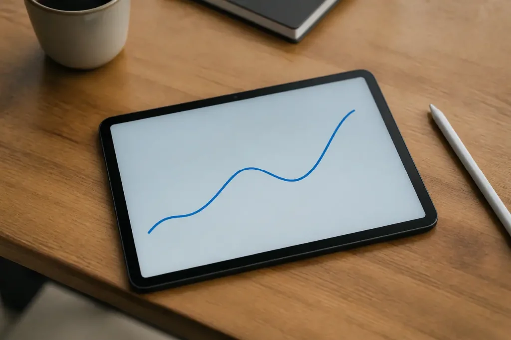 Tablette posee sur bureau avec courbe bleue