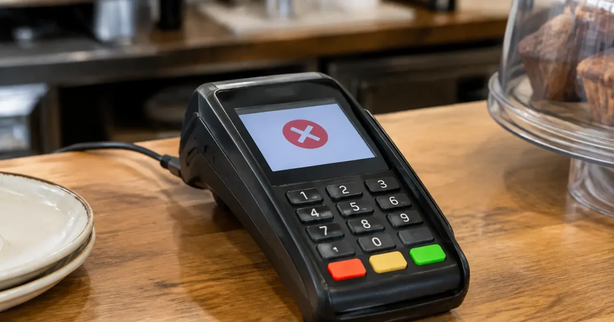 Terminal de paiement noir pose sur comptoir ecran affichant erreur