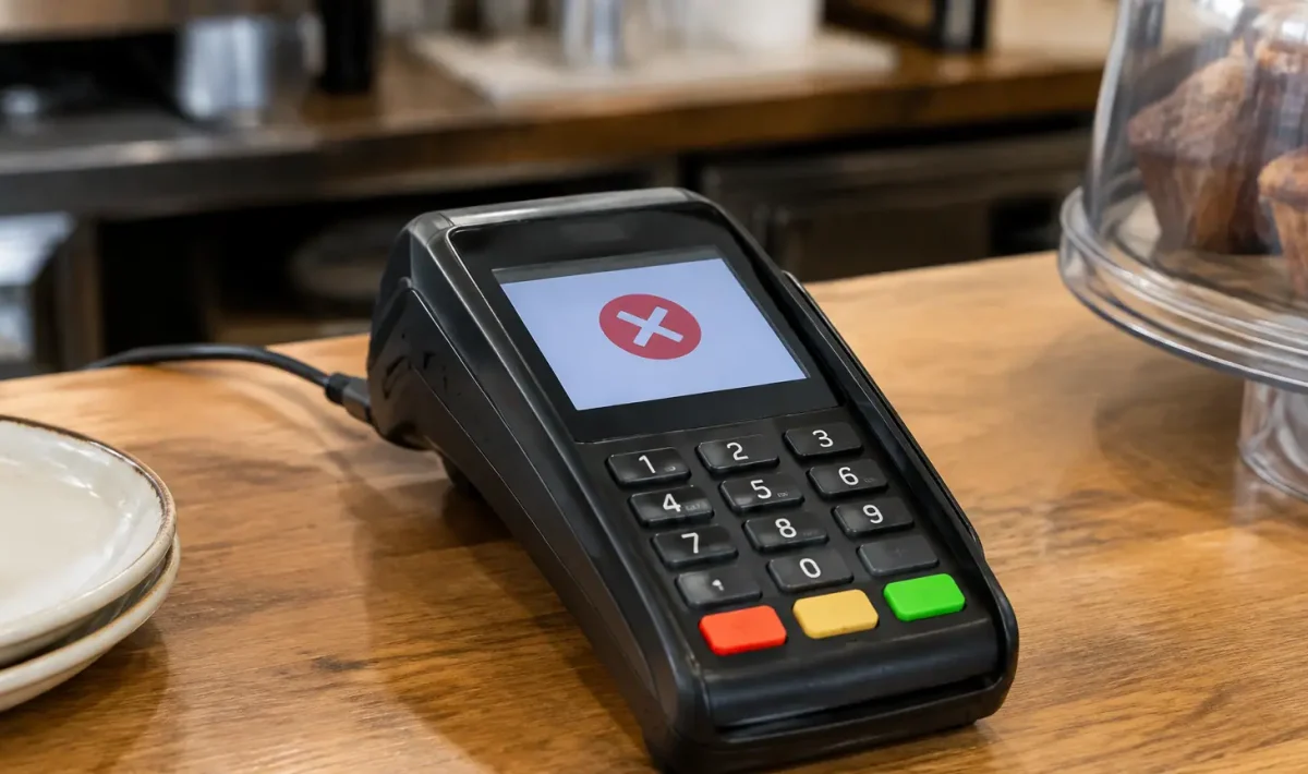 Terminal de paiement noir pose sur comptoir ecran affichant erreur