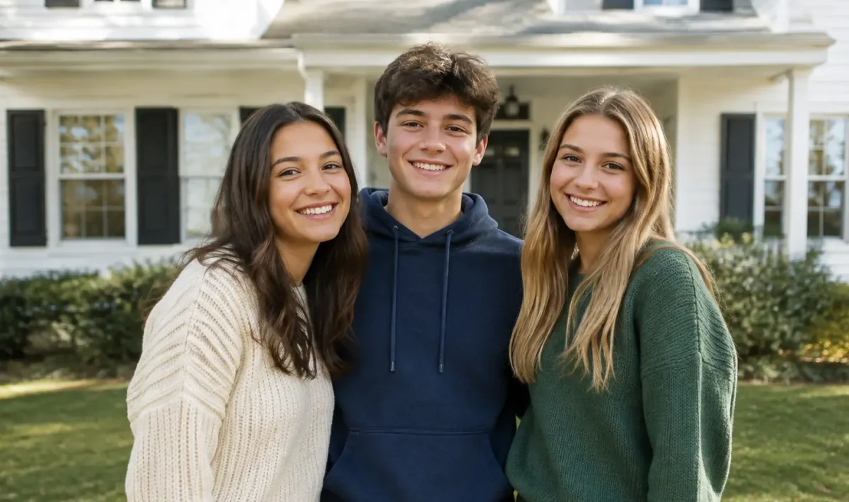 Trois jeunes sourient debout devant une maison blanche