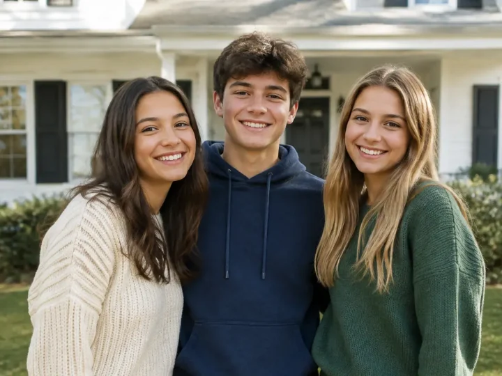 Trois jeunes sourient debout devant une maison blanche