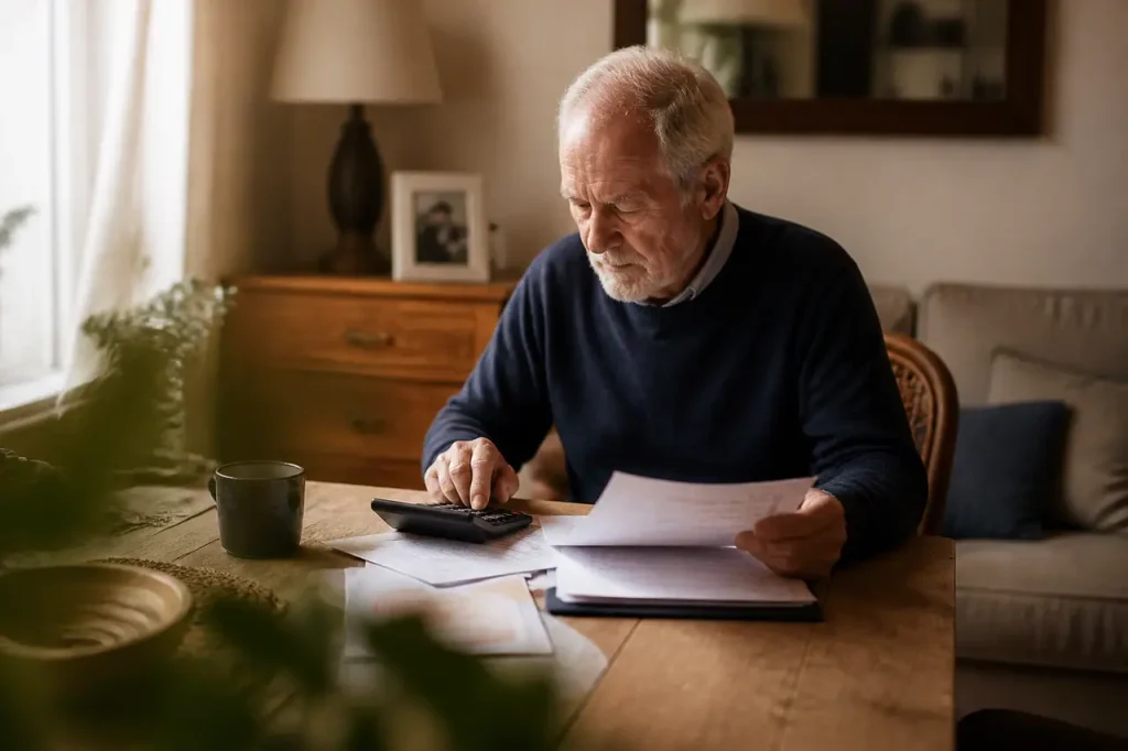 Vieil homme examinant papiers et calculatrice sur table