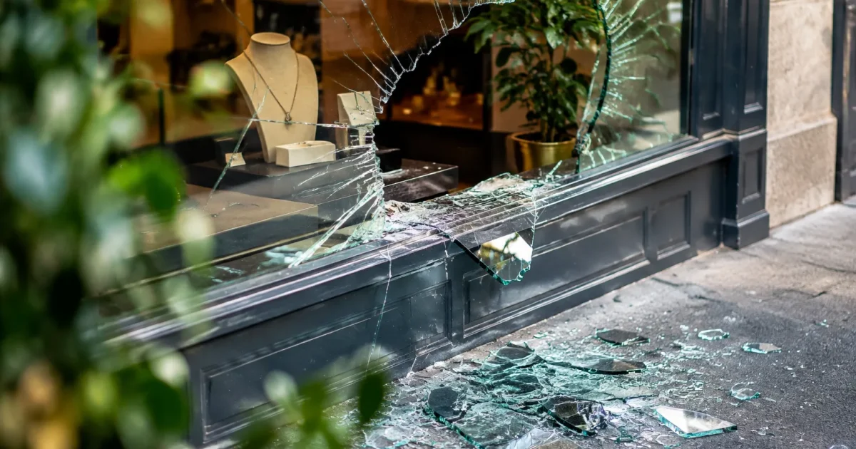 Vitrine brisee avec eclats de verre au sol