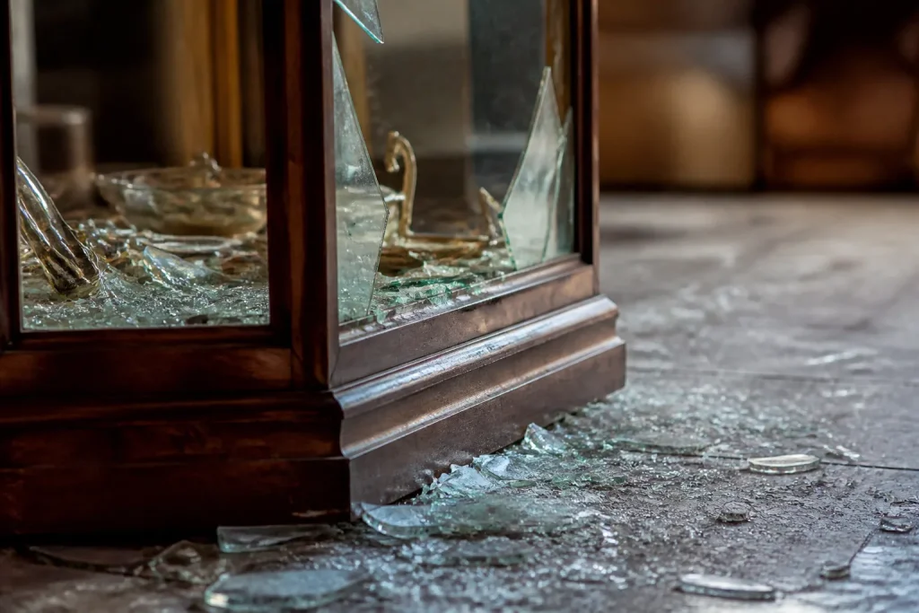 Vitrine brisee et eclats de verre sur le sol