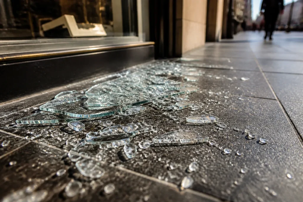 Vitrine brisee avec eclats de verre sur trottoir