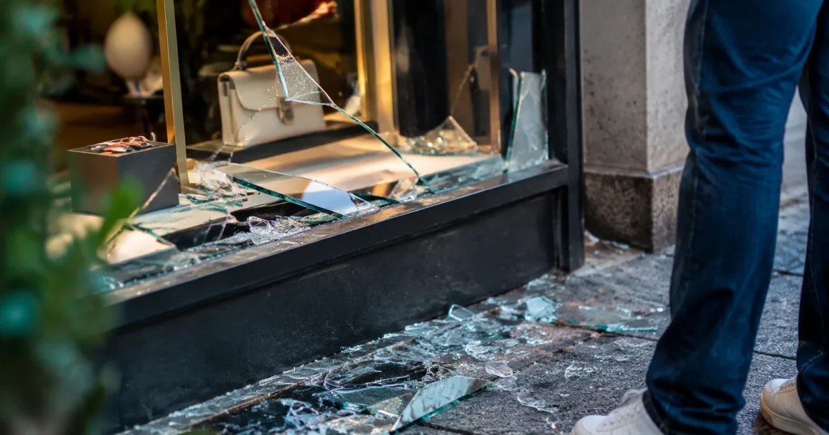 Vitrine brisée avec éclats de verre sur le trottoir