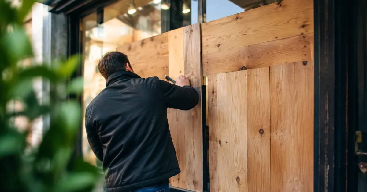 Vitrine brisee protegee par planches de bois