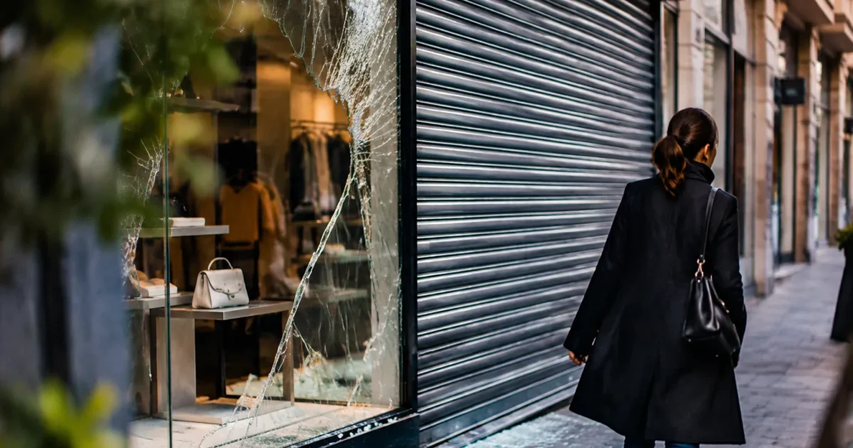 Vitrine brisee et rideau metallique baisse devant un magasin