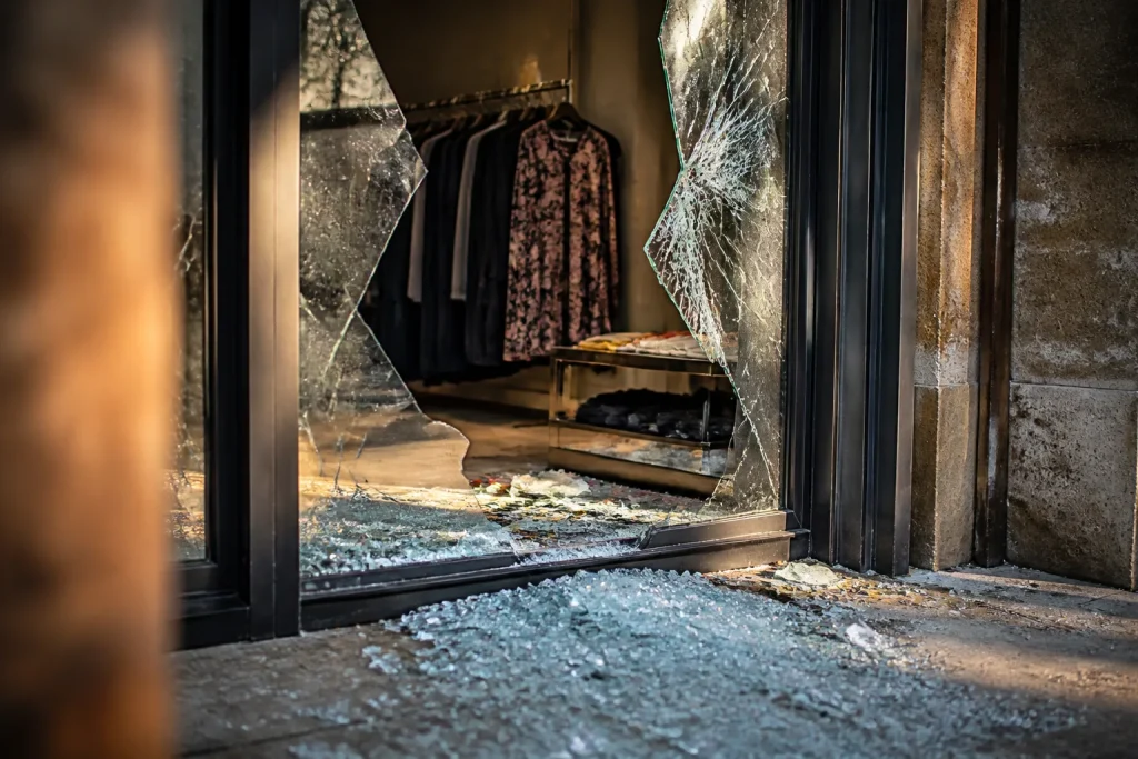 Vitrine cassée d'un magasin avec verre au sol